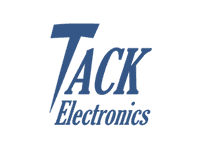 Tack Electronics logo featuring the company name in blue italicized text with "Tack" above "Electronics" on a transparent background.