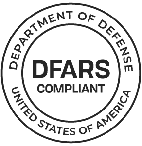 A circular logo with the words "Department of Defense, United States of America" encircling "DFARS Compliant" in the center.