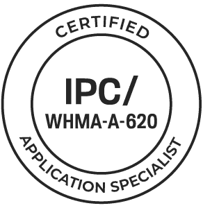 A circular logo with the text "IPC/WHMA-A-620 Certified Application Specialist" indicating a certification designation.