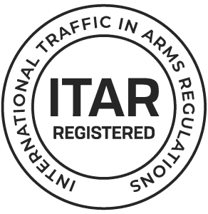 A circular emblem with the text "INTERNATIONAL TRAFFIC IN ARMS REGULATIONS" and "ITAR REGISTERED" in the center.