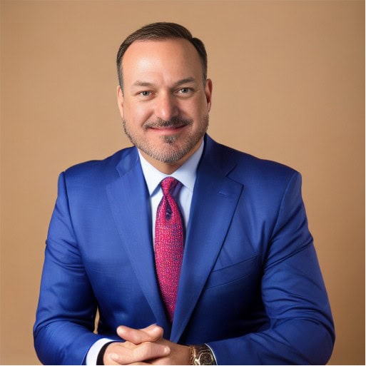 A man in a blue suit with a pink tie sits against a plain beige background, smiling with his hands clasped in front of him.