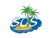 Logo with "SOS" in white letters over a yellow island with green palm trees and a blue background. Text below reads, "Wire Harness Manufacturing.